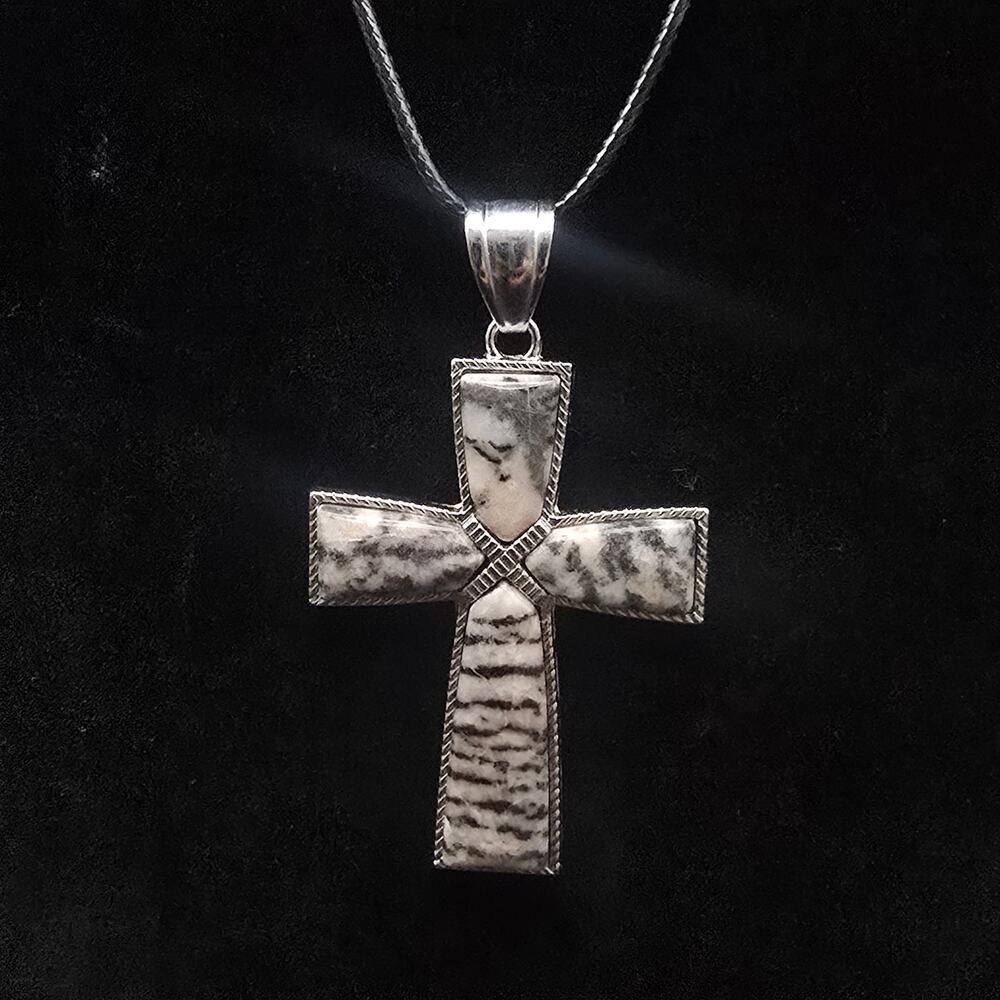 Pink Zebra Jasper Cross Pendant Necklace on Black Cord